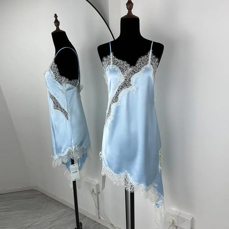 Mini Vestido de encaje satinado Irregular Sexy