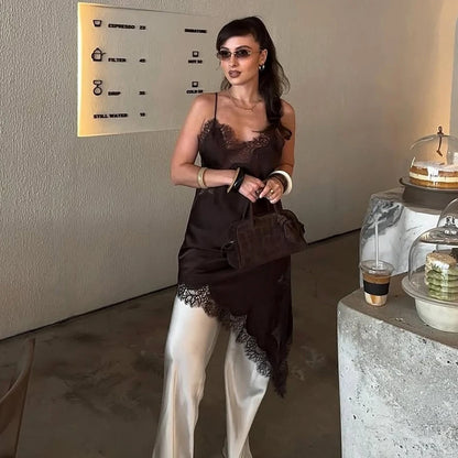 Mini Vestido de encaje satinado Irregular Sexy