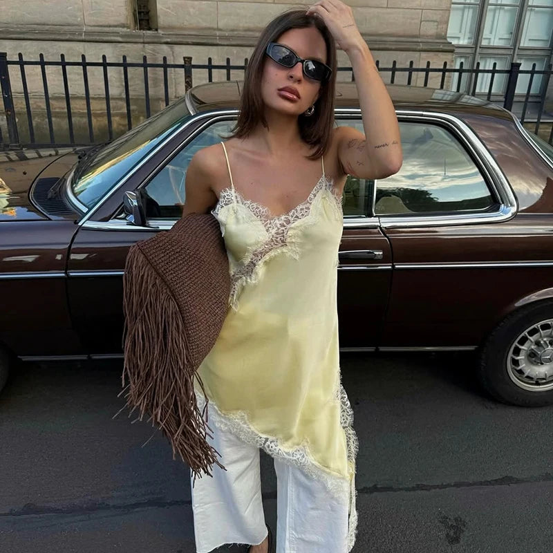 Mini Vestido de encaje satinado Irregular Sexy