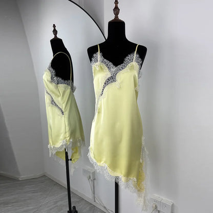 Mini Vestido de encaje satinado Irregular Sexy